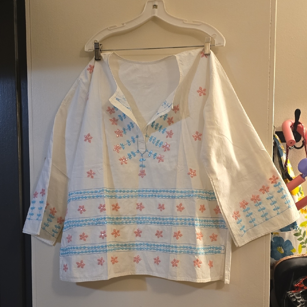 Embroidered White Blouse with Pink and Blue Accents